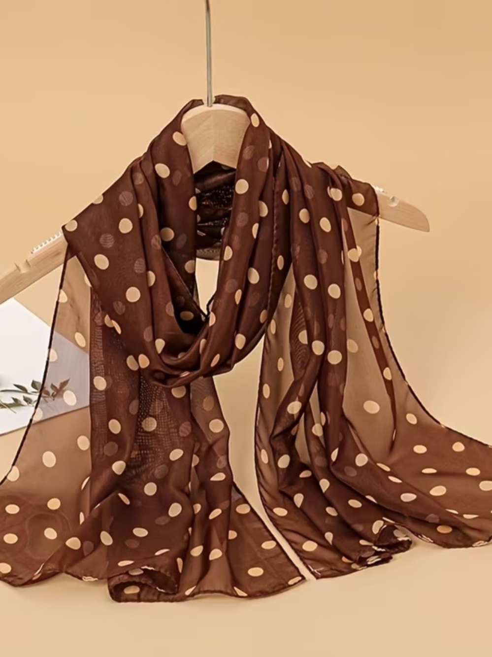 Elegant Brown Polka Dot Chiffon Scarf - Picture 3 of 5